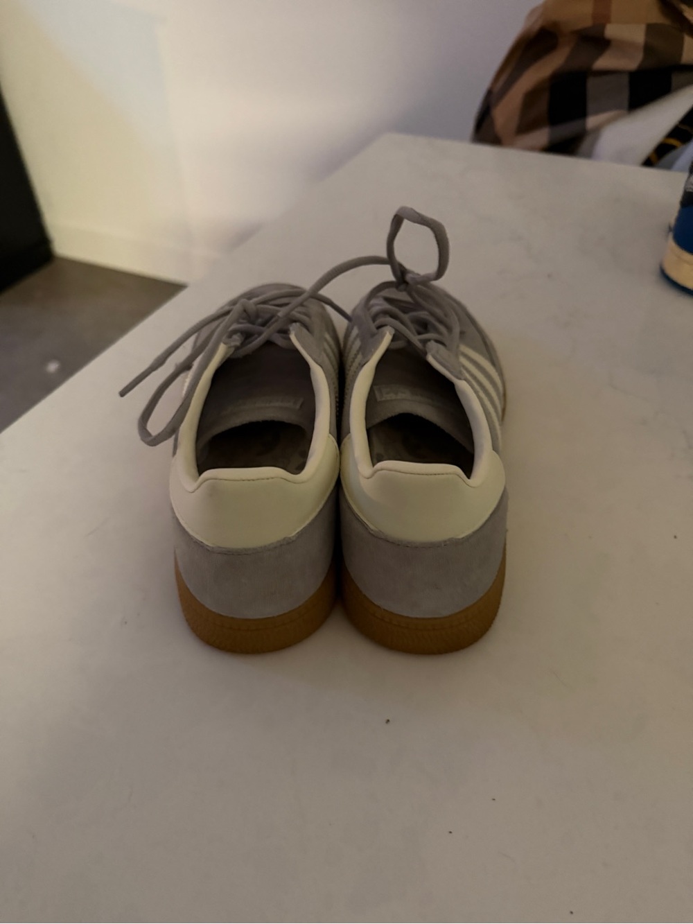 adidas Men's Light Gray Suede Sneakers with White Stripes and Gum Sole - Picture 3 of 5